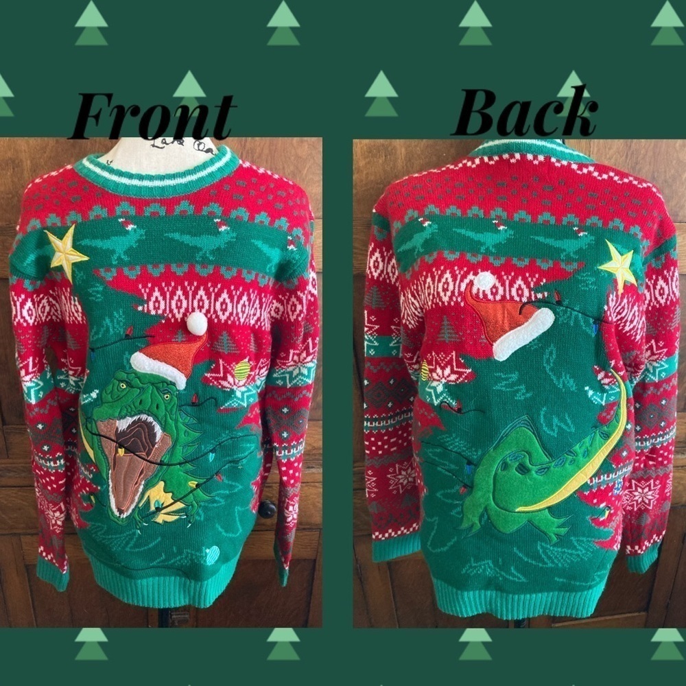 Christmas sweater dinosaur t-Rex mens size M front and back blizzard Bay